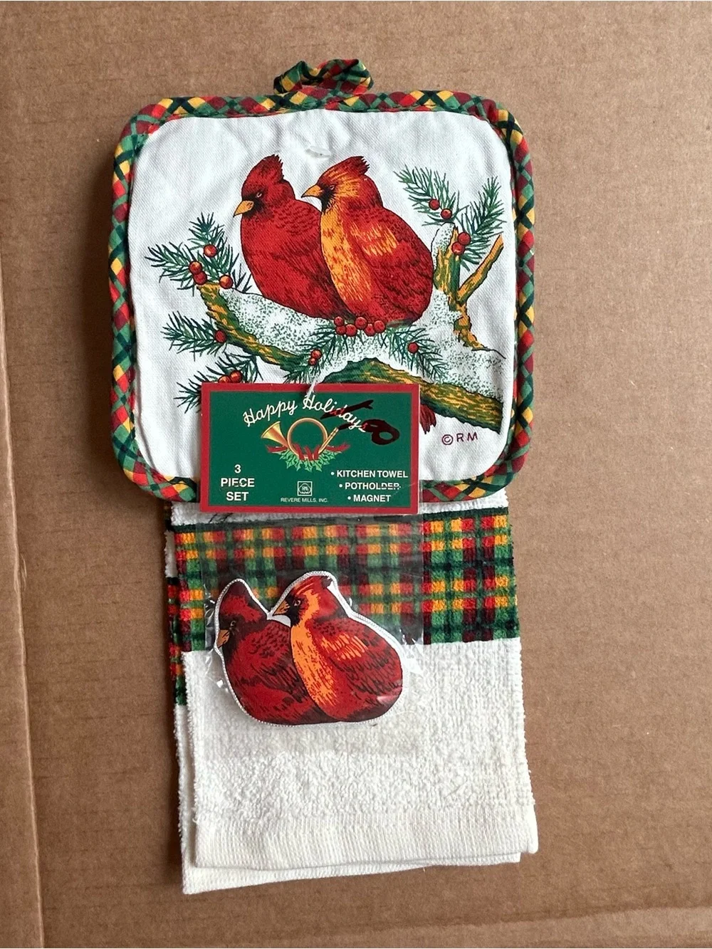 Vintage Revere Mills Happy Holidays Red Cardinal 3pc Towels,Potholders, Magnets.